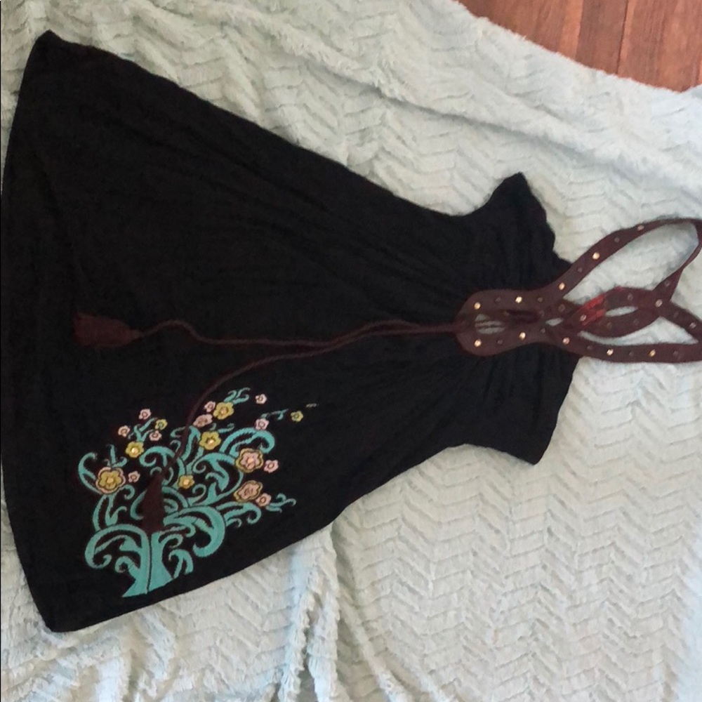 Leather-detail Halter Dress